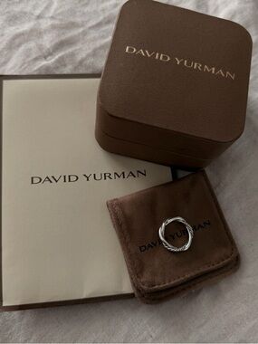 David Yurman Silver Twisted Cable and Smooth Interlink Ring with Pavé size 6